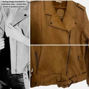 NWT Faux Suede Camel Moto Jacket Zip Belted Biker Style Epaulet Stretch Women L